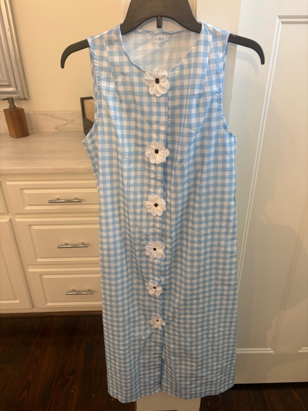 Girls' Light Blue Gingham Sleeveless Dress with Daisy Buttons